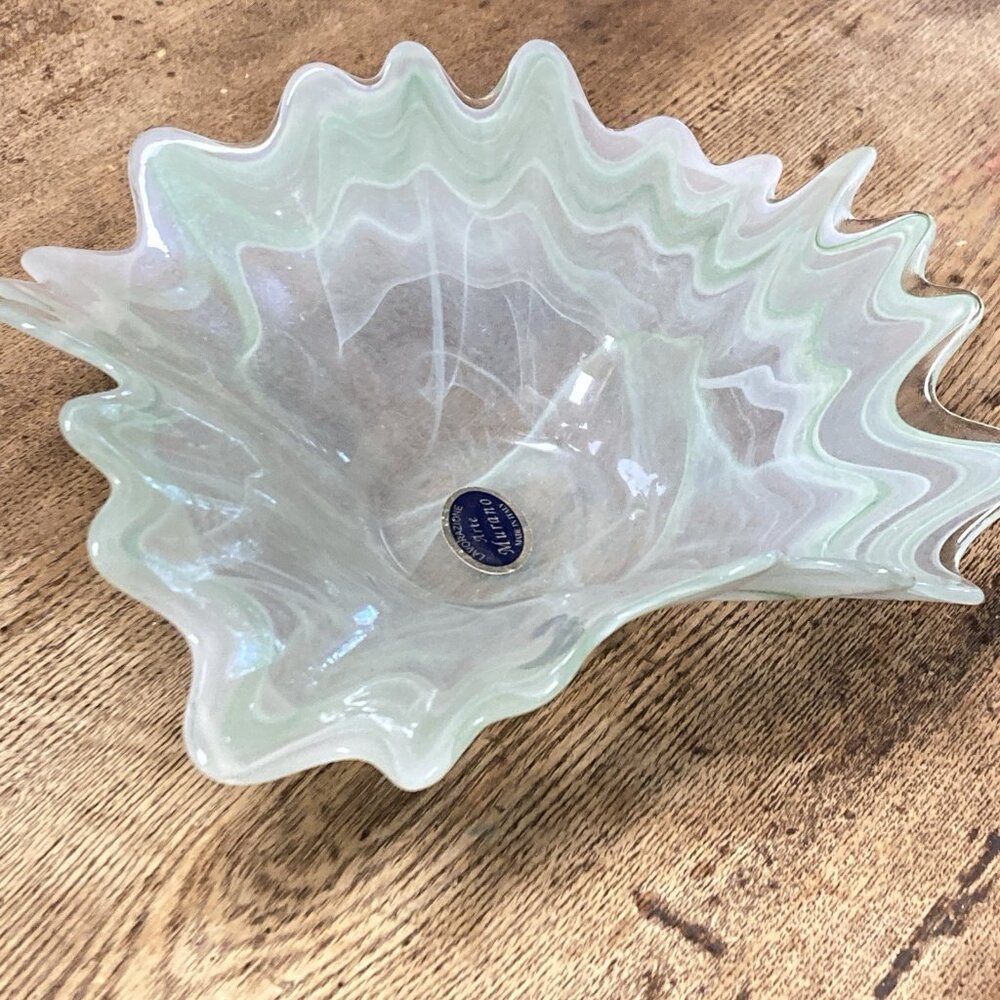 Murano Italian Green Art Glass Bowl MCM Pulled Ruffles Candy Dish